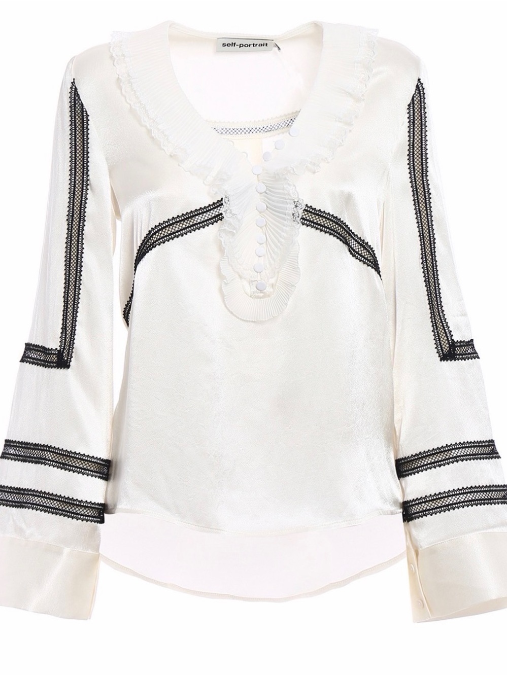 Self-Portrait Cream Satin Blouse with Black Lace Trim